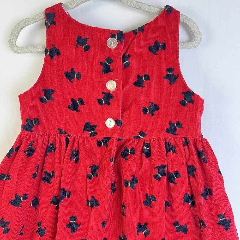 Vintage Kelly's Kids Corduroy Dress Girl's 2 Scottie Dogs Red Christmas USA